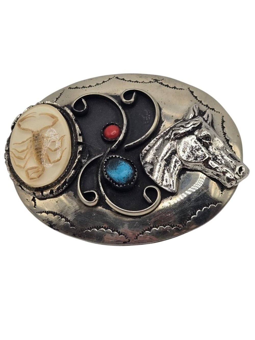 Vintage Horse Scorpion Belt Buckle Red Coral Turquoise Western Wear Cowboy